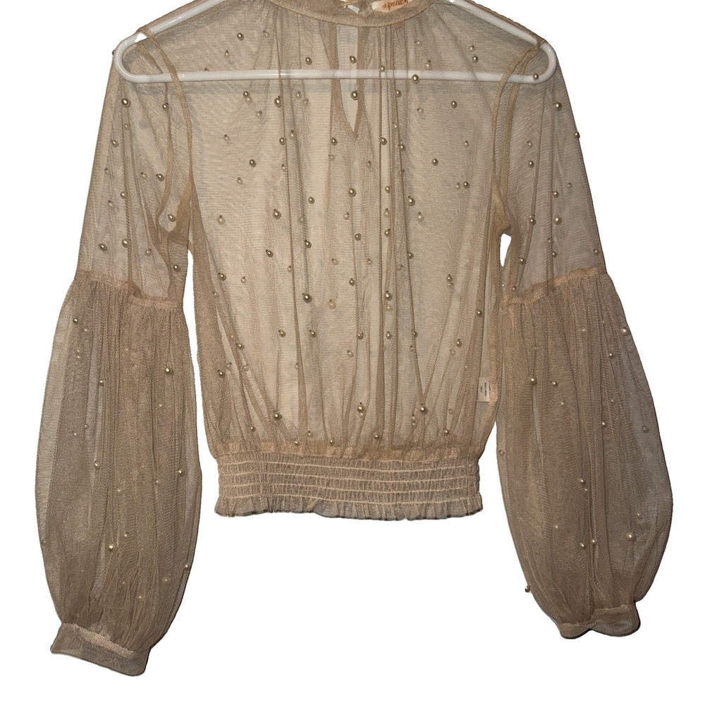 Sheer Top Faux Pearls Champagne Peasant Sleeves Whimsy Victorian Women's Sz S